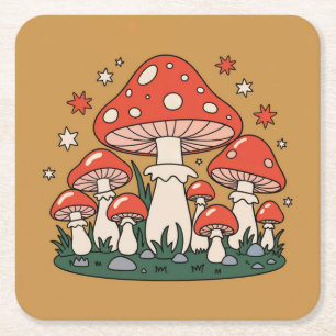 Cute Red Mushrooms Stars Metallic Gold Coaster Set