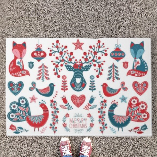 Cute Red Navy Christmas Scandinavian Folk Art  Doormat (Creator Uploaded)