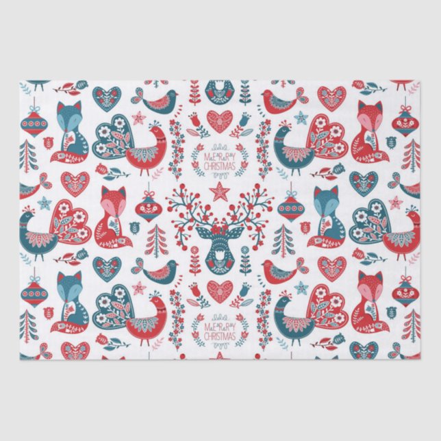 Cute Red Navy Christmas Scandinavian Folk Art Tissue Paper (Front)