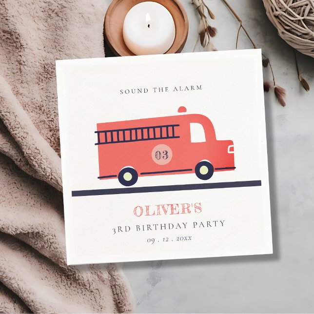 Cute Red Navy Fire Truck Engine Any Age Birthday Napkin (Creator Uploaded)