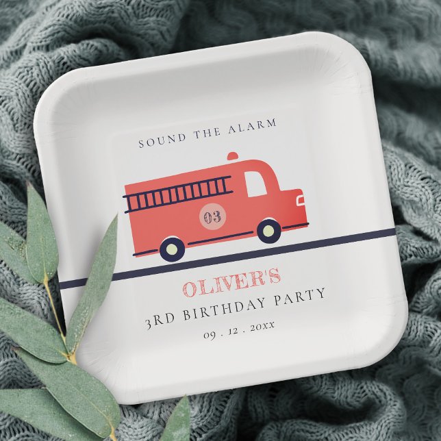 Cute Red Navy Fire Truck Engine Any Age Birthday Paper Plate (Creator Uploaded)
