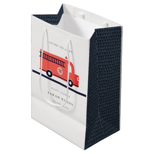 Cute Red Navy Fire Truck Engine Baby Shower Medium Gift Bag (Front Angled)