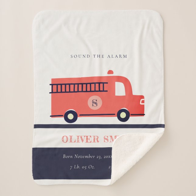 Cute Red Navy Fire Truck Monogram Birth Stat Sherpa Blanket (Front)
