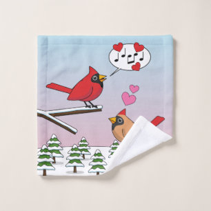 Cute Red Northern Cardinals Love Winter Landscape Bath Towel Set