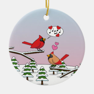 Cute Red Northern Cardinals Love Winter Landscape Ceramic Tree Decoration