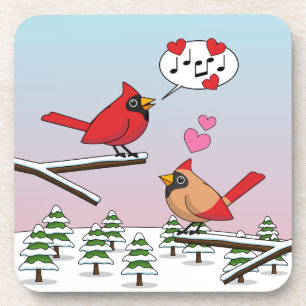 Cute Red Northern Cardinals Love Winter Landscape Coaster