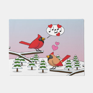 Cute Red Northern Cardinals Love Winter Landscape Doormat