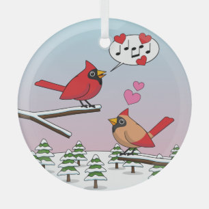 Cute Red Northern Cardinals Love Winter Landscape Glass Tree Decoration