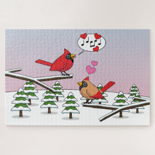 Cute Red Northern Cardinals Love Winter Landscape Jigsaw Puzzle
