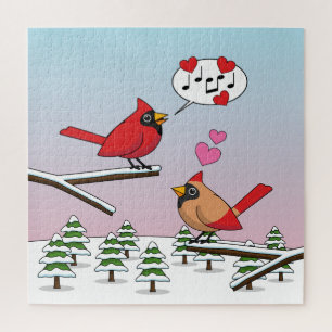 Cute Red Northern Cardinals Love Winter Landscape Jigsaw Puzzle