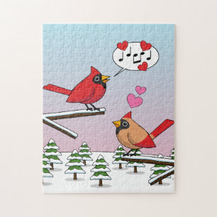 Cute Red Northern Cardinals Love Winter Landscape Jigsaw Puzzle