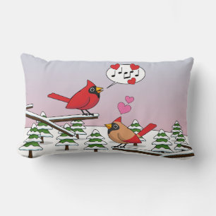 Cute Red Northern Cardinals Love Winter Landscape Lumbar Cushion