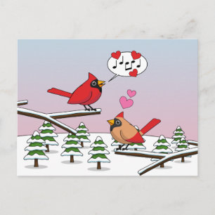 Cute Red Northern Cardinals Love Winter Landscape Postcard