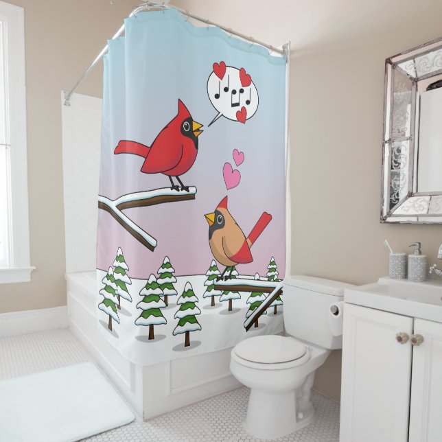 Cute Red Northern Cardinals Love Winter Landscape Shower Curtain (In Situ)