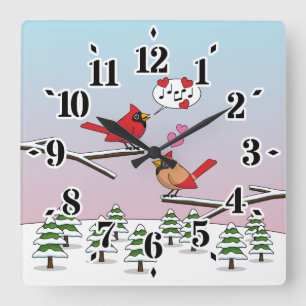 Cute Red Northern Cardinals Love Winter Landscape Square Wall Clock