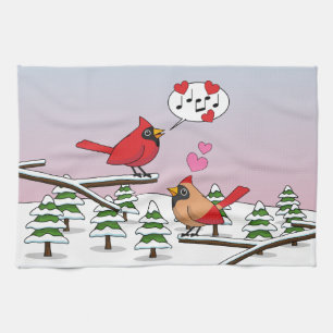 Cute Red Northern Cardinals Love Winter Landscape Tea Towel