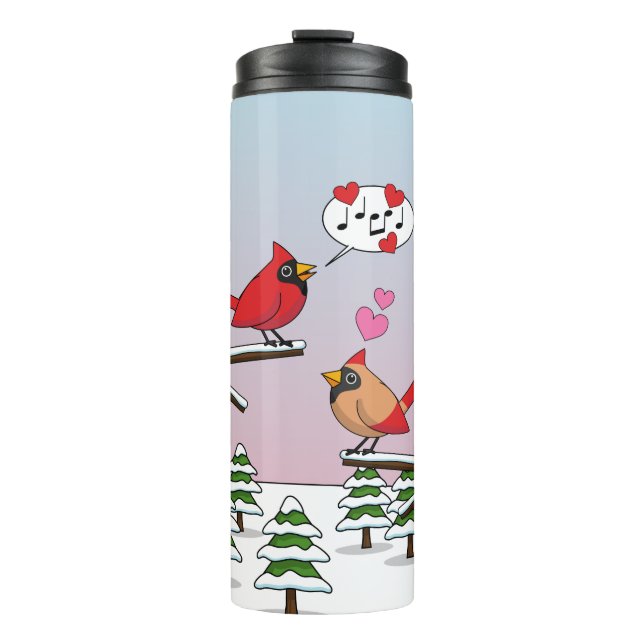 Cute Red Northern Cardinals Love Winter Landscape Thermal Tumbler (Front)