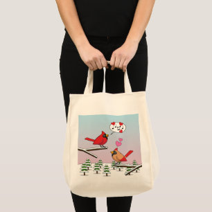Cute Red Northern Cardinals Love Winter Landscape Tote Bag