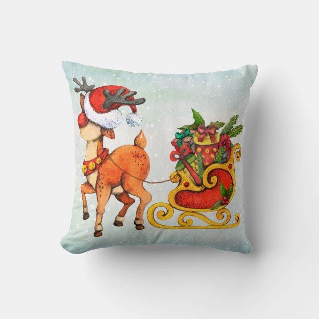 Cute red -nosed reindeer pulling sleigh Christmas  Cushion (Front)