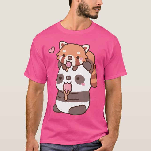 Cute Red Panda And Panda Eating Ice Cream For Summ T-Shirt (Front)