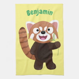 Cute red panda cartoon illustration tea towel
