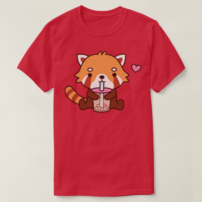 Cute Red Panda Drinking Bubble Tea T-Shirt (Design Front)