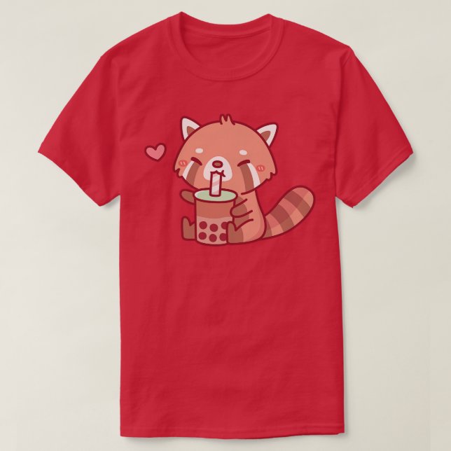 Cute Red Panda Loves Drinking Bubble Tea T-Shirt (Design Front)