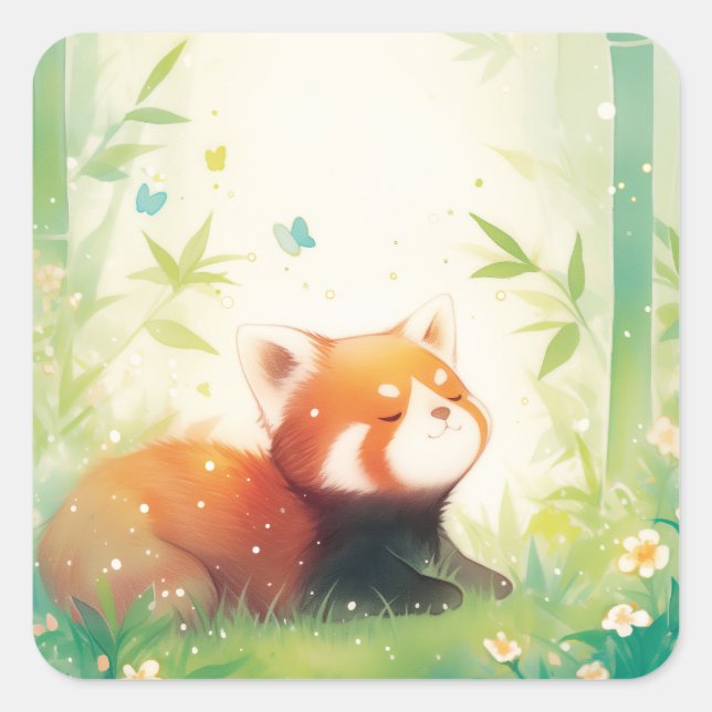 Cute Red Panda Napping in Bamboo Forest Square Sticker (Front)