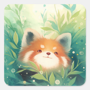 Cute Red Panda Peeking Through Green Forest Square Sticker