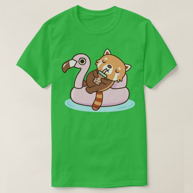 Cute Red Panda With Flamingo Pool Float Summer T-Shirt (Design Front)