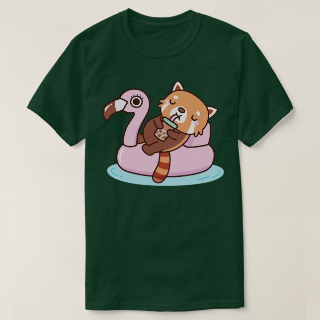 Cute Red Panda With Flamingo Pool Float Summer T-Shirt (Design Front)