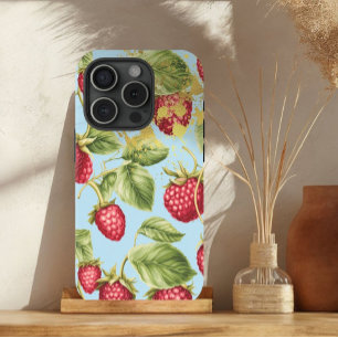 Cute Red, Pastel Blue and Gold Raspberry Fruit iPhone 15 Case