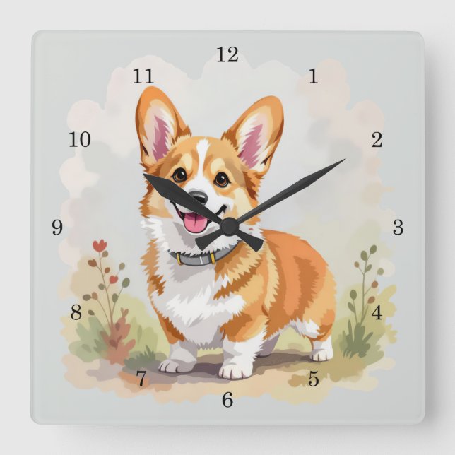 Cute Red Pembroke Welsh Corgi Dog Square Wall Clock (Front)