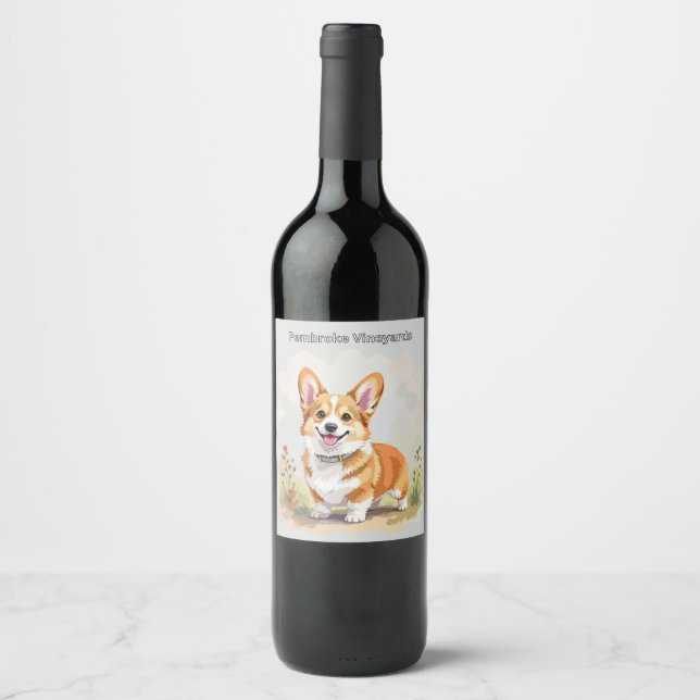 Cute Red Pembroke Welsh Corgi Dog Wine Label (Front)