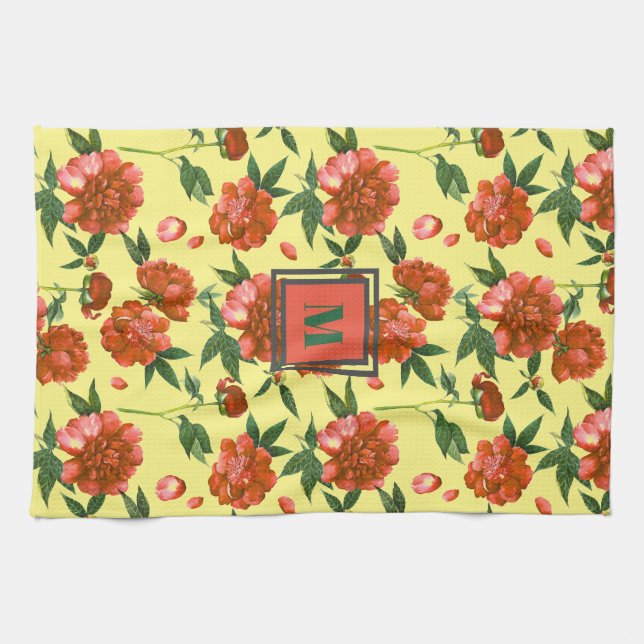 Cute Red Peonies Blooming Flowers Pattern Monogram Tea Towel (Horizontal)
