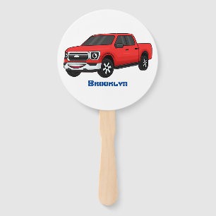 Cute red pickup truck cartoon illustration hand fan