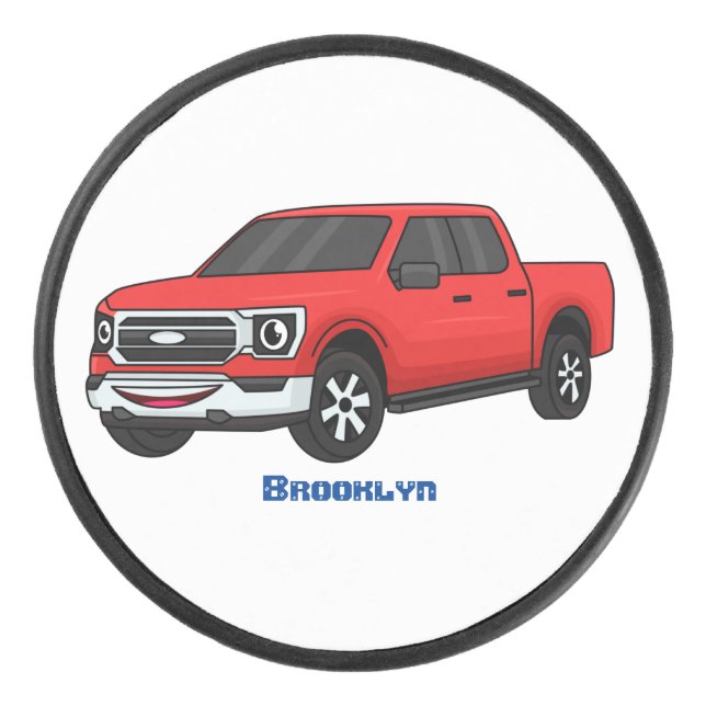Cute red pickup truck cartoon illustration hockey puck (Front)