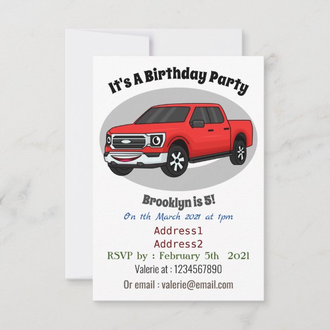 Cute red pickup truck cartoon illustration invitation (Front)