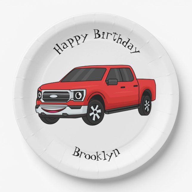 Cute red pickup truck cartoon illustration paper plate (Front)