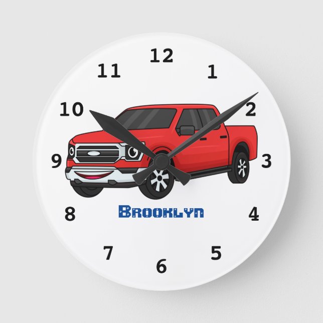 Cute red pickup truck cartoon illustration round clock (Front)