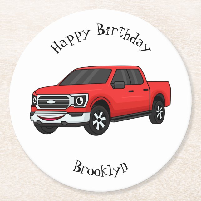 Cute red pickup truck cartoon illustration  round paper coaster (Front)