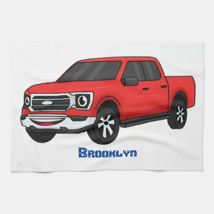 Cute red pickup truck cartoon illustration tea towel