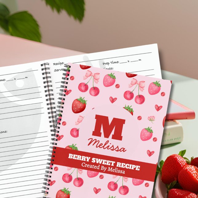 Cute Red Pink Berry Sweet Monogram Recipe  Notebook (Creator Uploaded)