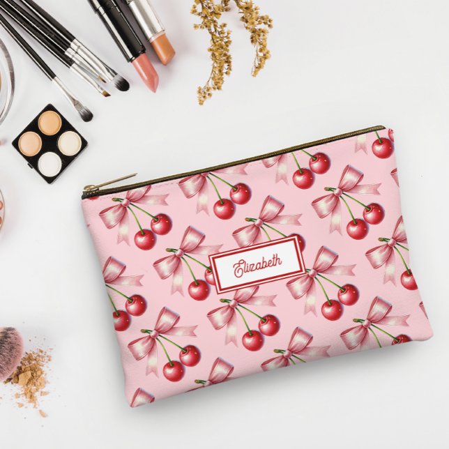 Cute Red Pink Bow Cherry Personalised Accessory Pouch (Cute Red Pink Bow Cherry Personalized Accessory Pouch)