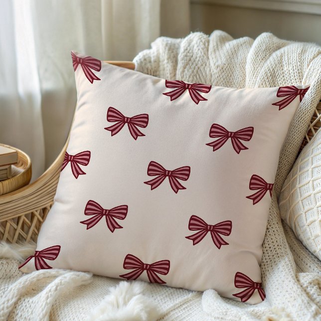 Cute Red Pink Bows Pattern Christmas Throw Pillow (Creator Uploaded)