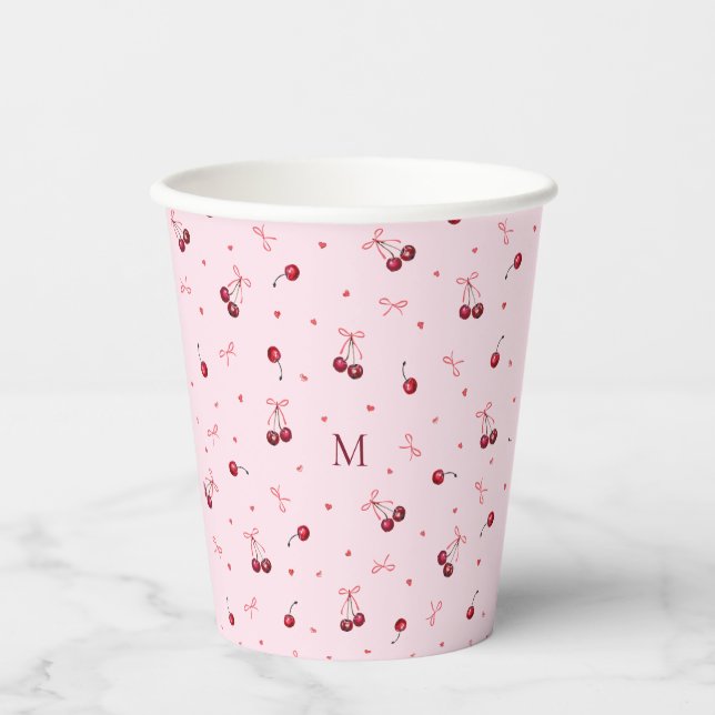 Cute Red Pink Cherries Hearts Bows with Monogram Paper Cups (Front)