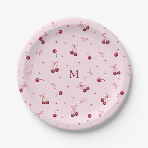 Cute Red Pink Cherries Hearts Bows with Monogram Paper Plate