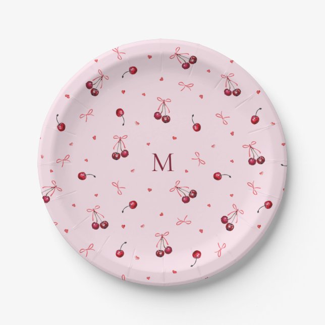 Cute Red Pink Cherries Hearts Bows with Monogram Paper Plate (Front)