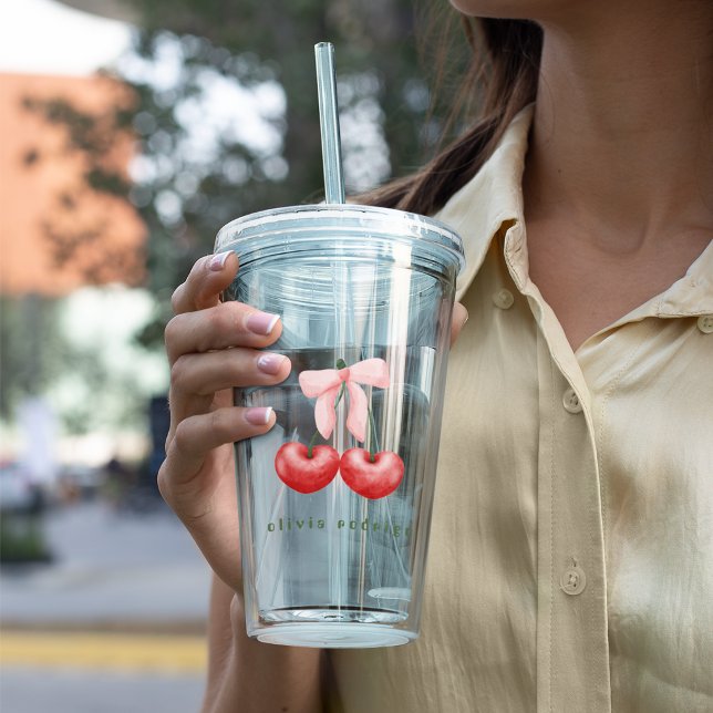 Cute Red  & Pink Cherry Heart Bow Acrylic Tumbler (Creator Uploaded)