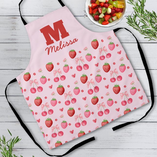 Cute Red Pink Coquette Berry Pattern Monogram Apron (Creator Uploaded)